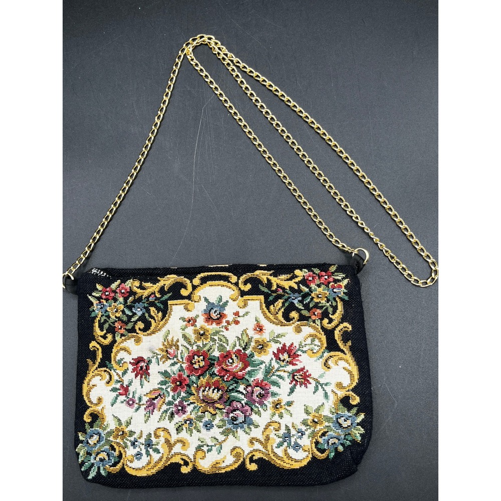 Vtg Floral Tapestry Crossbody Bag Black Gold Chain Petit Point Purse 8x5.5"